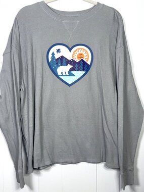Life Is Good Polar Bear Heart Mountains Gray Waffle Weave Knit Thermal Shirt XL